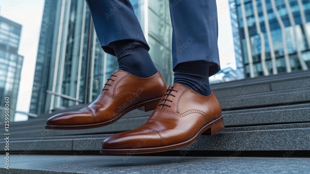 A close-up of the legs and shoes jumping up on stairs, with modern office buildings in the background A close-up of the legs and shoes jumping up on stairs, with modern office buildings in the background