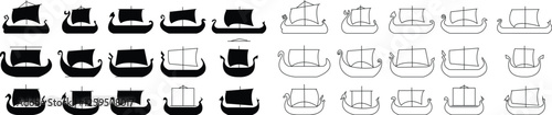 Black silhouette of a Viking ship on water icon set, sailboat vehicle gondola old designs ships, vintage galleons isolated on transparent background, graphic art vector styles, logo, template elements
