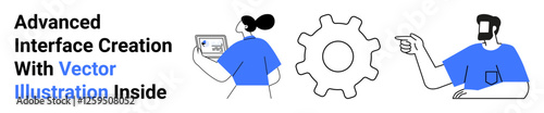 Team members engaging in interface development, using digital screens and gear icon. Ideal for teamwork, technology, innovation, collaboration, design, planning, UIUX projects flat landing page