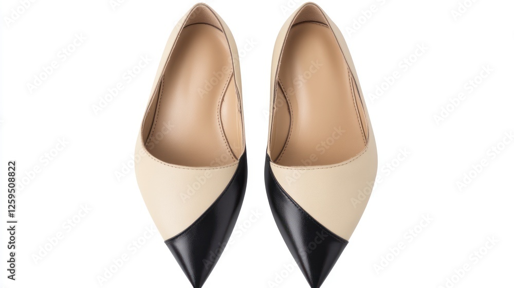 Flat shoes with black and beige color blocks, isolated on a white background. flat lay view from the front side of a women's Flat shoes with black and beige color blocks, isolated on a white background. flat lay view from the front side of a women's