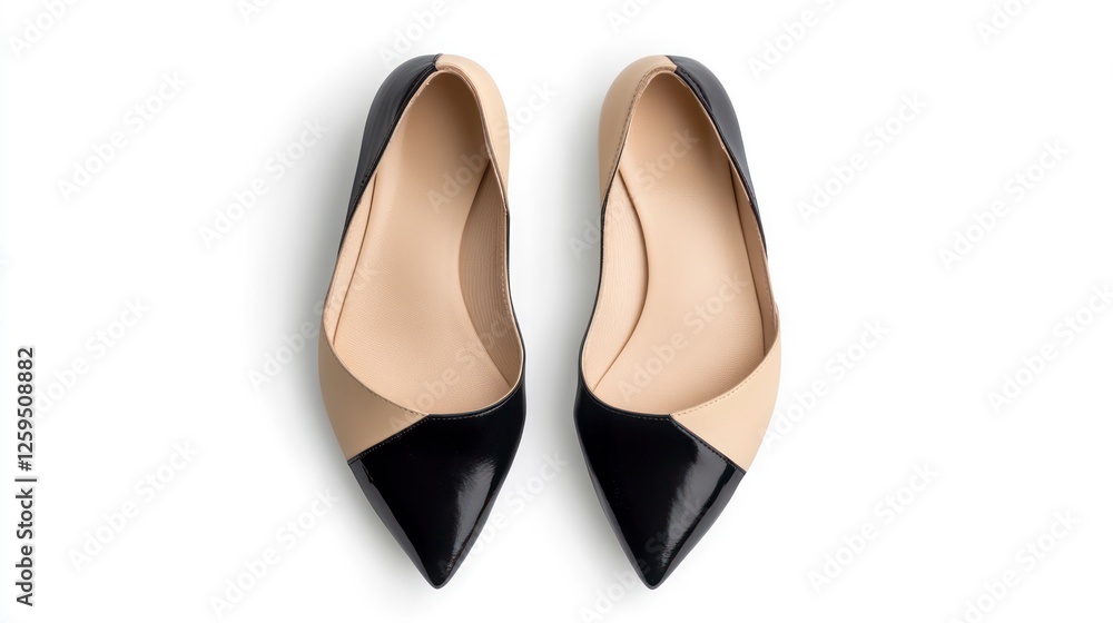 Flat shoes with black and beige color blocks, isolated on a white background. flat lay view from the front side of a women's Flat shoes with black and beige color blocks, isolated on a white background. flat lay view from the front side of a women's