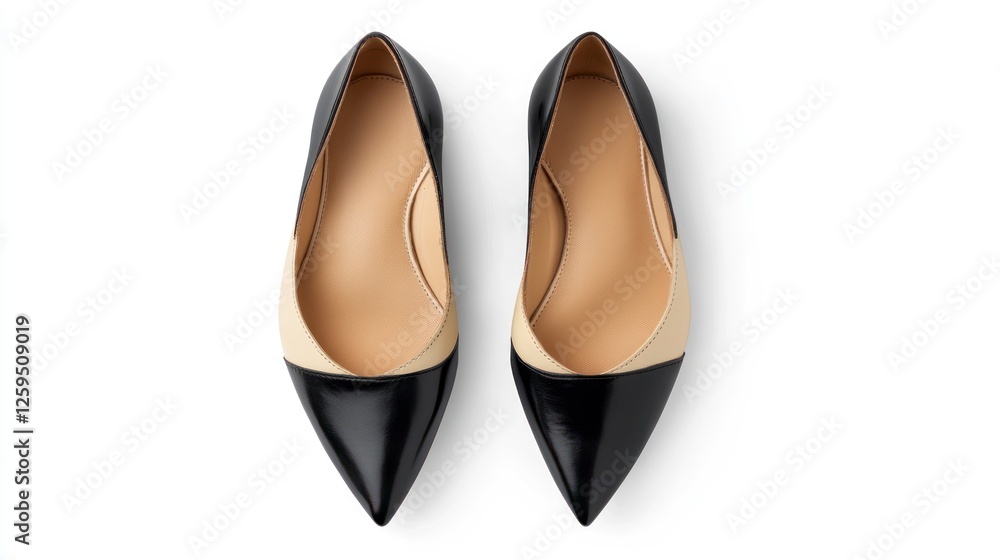 Flat shoes with black and beige color blocks, isolated on a white background. flat lay view from the front side of a women's Flat shoes with black and beige color blocks, isolated on a white background. flat lay view from the front side of a women's