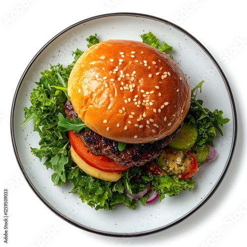 Wallpaper Mural Delicious burger with sesame bun and fresh salad on a plate top view gourmet meal Torontodigital.ca