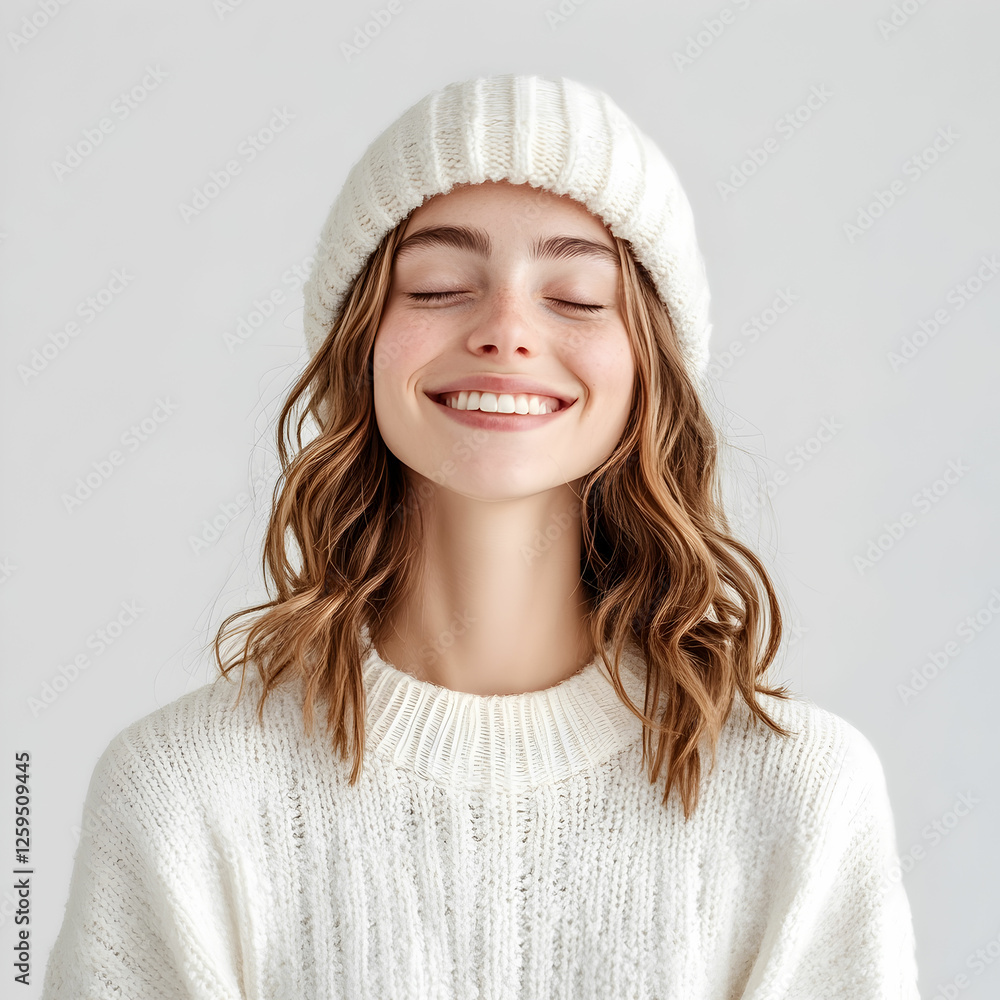 A tender, relaxed woman with a toothy smile, wearing a white casual jumper and hat, feeling joyful and unbothered, with her eyes closed, on a white background A tender, relaxed woman with a toothy smile, wearing a white casual jumper and hat, feeling joyful and unbothered, with her eyes closed, on a white background