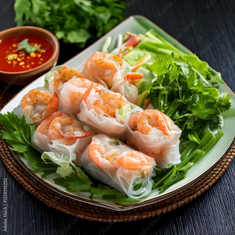 A plate of fresh Vietnamese spring rolls, translucent rice paper wrapped around shrimp, vermicelli noodles, lettuce, and fresh herbs. Served with a side of hoisin peanut dipping sauce. A plate of fresh Vietnamese spring rolls, translucent rice paper wrapped around shrimp, vermicelli noodles, lettuce, and fresh herbs. Served with a side of hoisin peanut dipping sauce.