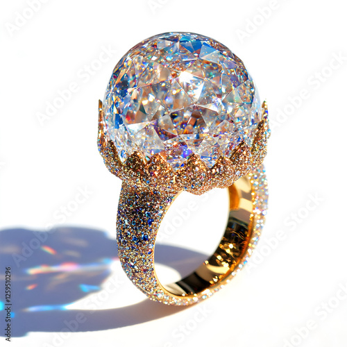 golden ring with a round diamond ball isolated on a white background 