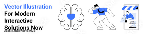 Brain with heart, man exploring, storefront app. Ideal for marketing, technology, innovation, creativity, teamwork, software development flat landing page banner