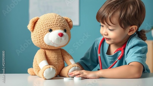 Young child pretending to be a doctor as she lovingly tends to her plush toy patient with a stethoscope and bandages, childhood, playing, caring photo