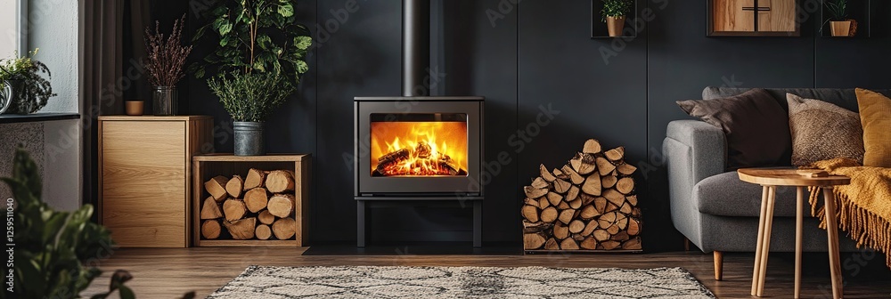 Modern Fireplace Design: Cozy Living Room with Wood Burning Stove and Firewood, Creating Warmth and Ambiance.