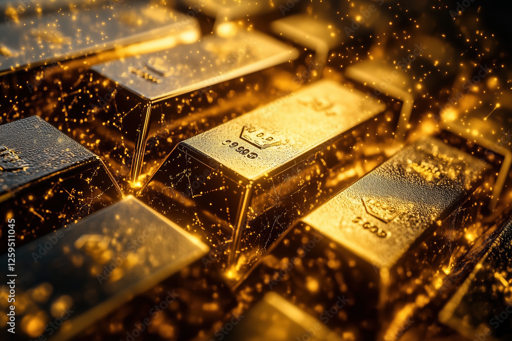 Golden bars glimmer with sparkling effect, representing wealth and luxury. intricate details and reflections create mesmerizing visual of precious metal Golden bars glimmer with sparkling effect, representing wealth and luxury. intricate details and reflections create mesmerizing visual of precious metal