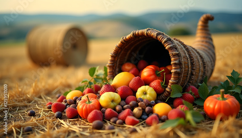 Cornucopia overflowing with colorful fruits and vegetables, including pumpkins, strawberries, and grapes, resting on dry straw in an autumn landscape, symbolizing abundance for Thanksgiving. photo