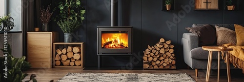 Obraz na płótnie Modern Fireplace Design: Cozy Living Room with Wood Burning Stove and Firewood, Creating Warmth and Ambiance. w salonie