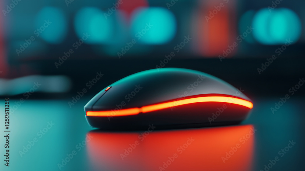 Sleek gaming mouse with glowing accents on reflective surface Sleek gaming mouse with glowing accents on reflective surface