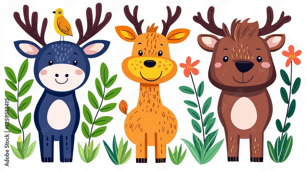 Obraz premium Playful Illustrated Forest Animals with Vibrant Colors and Plants