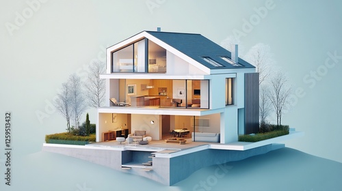 Modern cutaway house architectural design with interior rooms and landscaping.