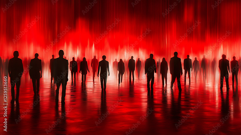 Fototapeta premium Silhouette Crowd Walking In Red Light Abstract Background and Keywords are Silhouette, Crowd, People, Walking, Red, Light, Abstract, Background, Night, Dark, Mysterious, Digital Art, Surreal, Mass