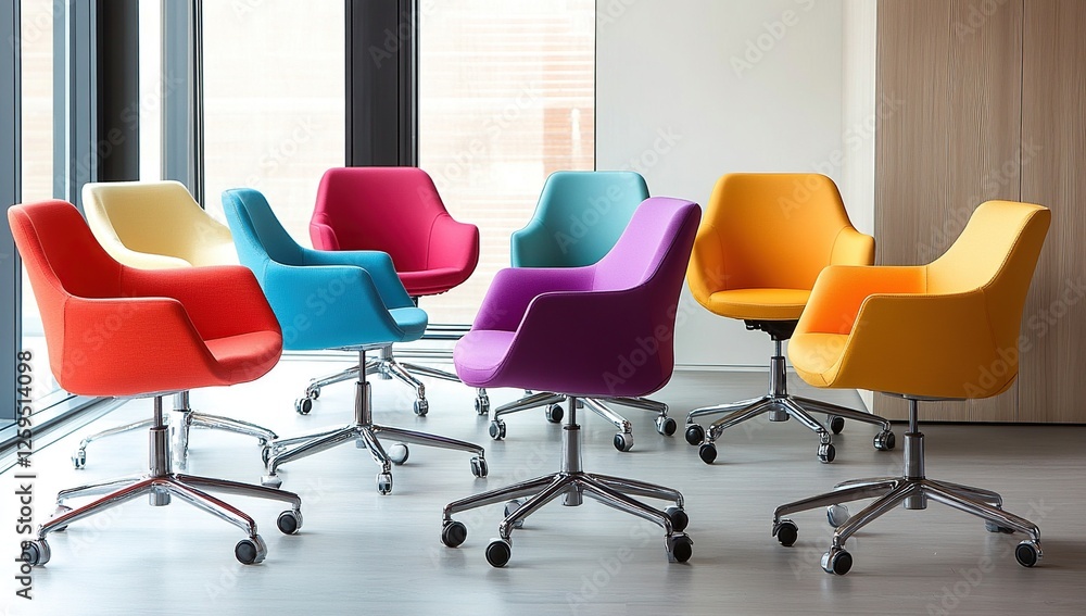 Fototapeta premium Colorful Swivel Office Chairs on Wheels Roll Smoothly Enhancing Modern Workspace Design.