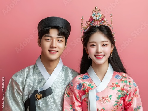 Charming Korean Couple in Hanbok Captured with Pastel Colors and Bright Smiles