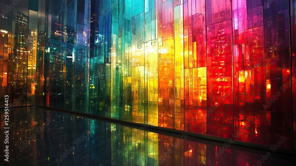 Obraz premium Colorful reflections seen on the surface of a modern glass building, creating a vibrant cityscape.