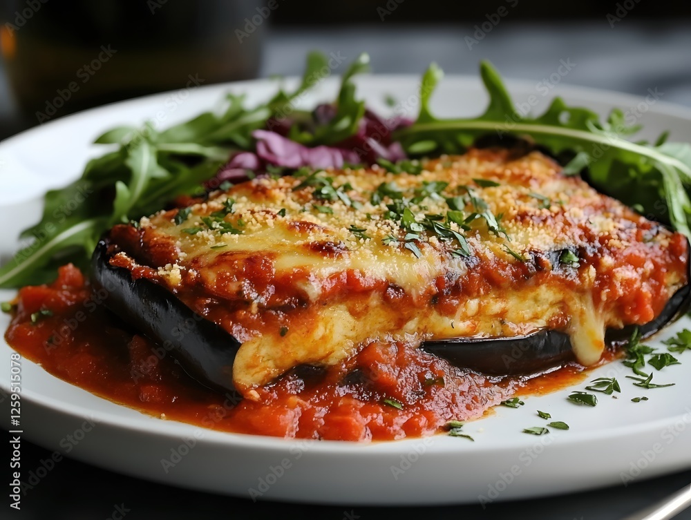 Delicious Eggplant Parmesan with Fresh Arugula Salad on a White Plate Italian Cuisine Delicious Eggplant Parmesan with Fresh Arugula Salad on a White Plate Italian Cuisine