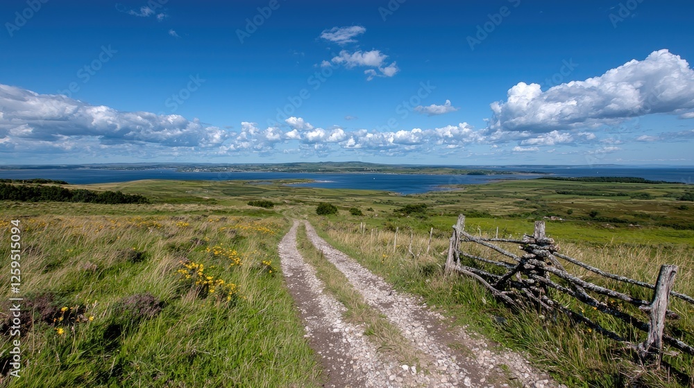 Panoramic view of a country road leading to a lake with distant island; scenic landscape photo Panoramic view of a country road leading to a lake with distant island; scenic landscape photo