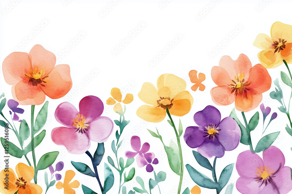 Fototapeta premium Watercolor illustration, spring colorful wild flowers. Red, yellow and purple flowers, green leaves and plants on a white background. Aquarelle sketch. Blurred paint stains. Frame, border, copyspace.