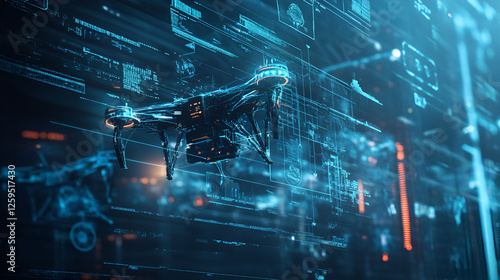 Futuristic drone with holographic interface technology, High-tech drone with digital data and AI integration, Cyber drone with artificial intelligence in a virtual environment