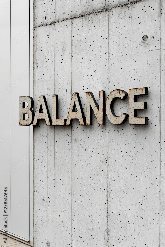 Elegant wall sign showcasing the word 'BALANCE' in a modern minimalist environment with concrete backdrop Elegant wall sign showcasing the word 'BALANCE' in a modern minimalist environment with concrete backdrop