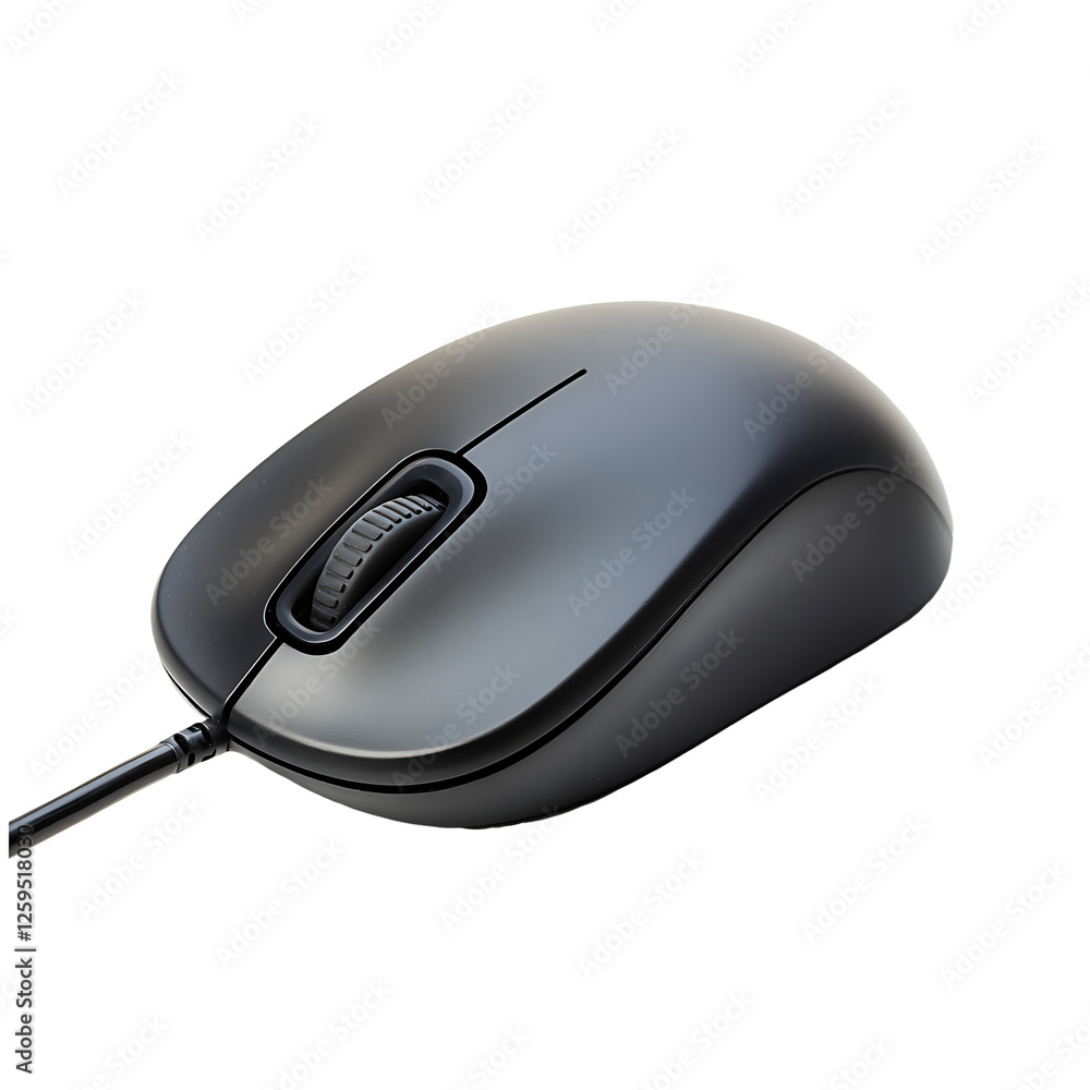 Black computer mouse with scroll wheel and buttons, isolated on a transparent background Black computer mouse with scroll wheel and buttons, isolated on a transparent background