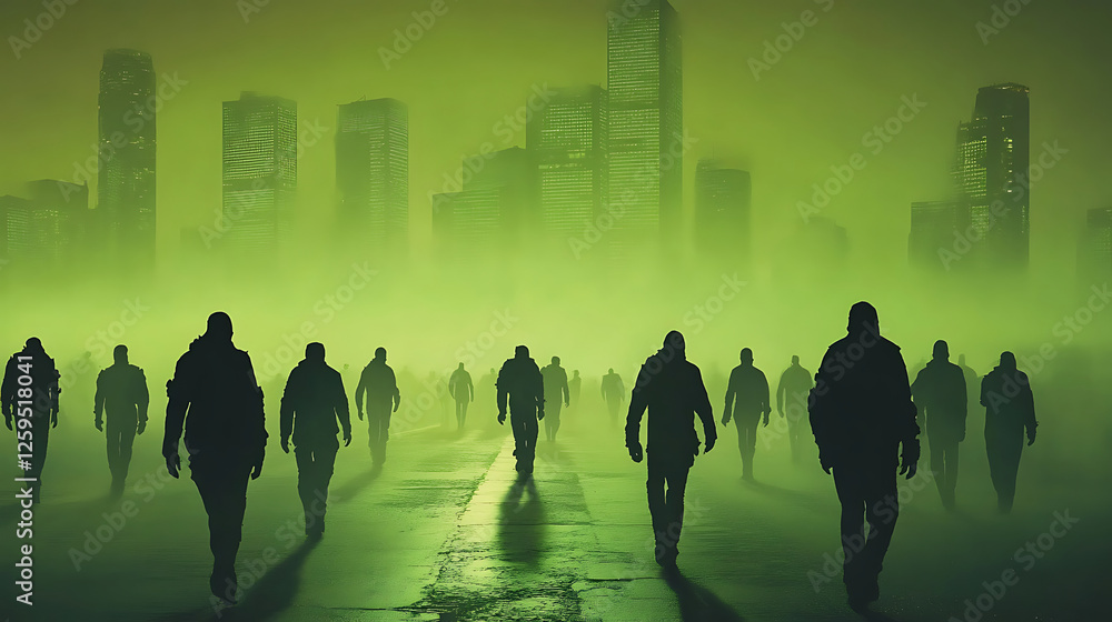 Fototapeta premium Silhouettes Of People Walking Through A Foggy Green City At Night
