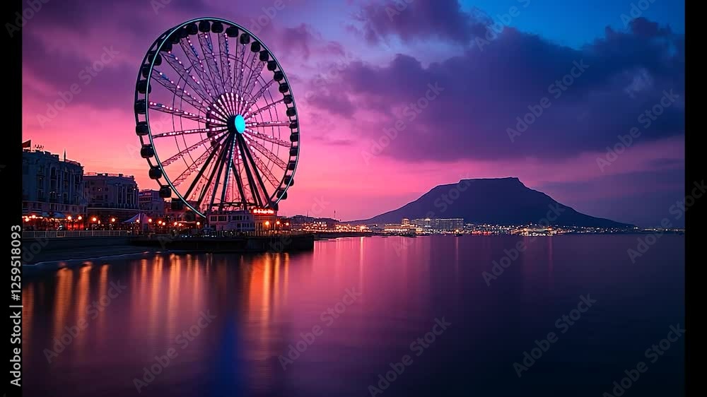 Sunset view of a Ferris wheel by the sea with mountains in the background Sunset view of a Ferris wheel by the sea with mountains in the background