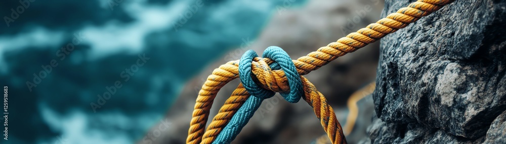 Knot tied on colorful rope against a rocky background by the sea Knot tied on colorful rope against a rocky background by the sea