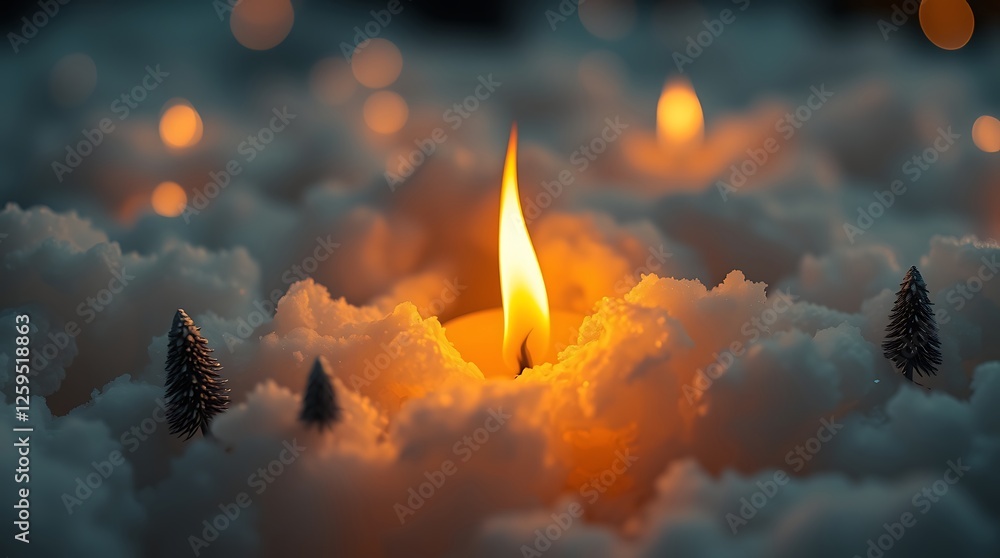 Fototapeta premium Burning Candle Glows Amidst a Snowy Forest of Miniature Christmas Trees