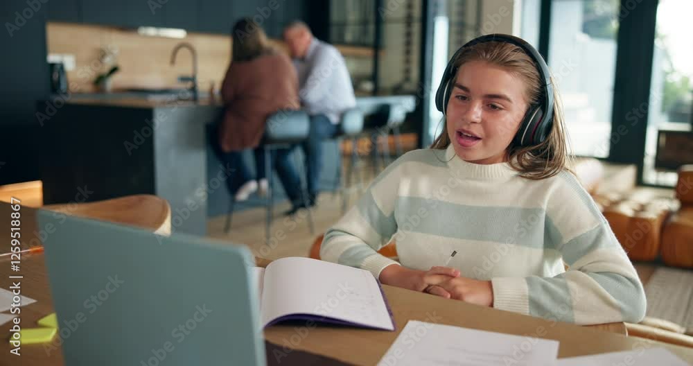 Laptop, homework and child on video call talking for distance learning, education and lesson. School, answer and teenager in virtual class on computer for online assessment, knowledge and studying Laptop, homework and child on video call talking for distance learning, education and lesson. School, answer and teenager in virtual class on computer for online assessment, knowledge and studying