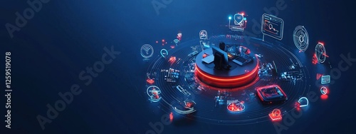 Illustration of a virtual help desk surrounded by glowing tech icons
