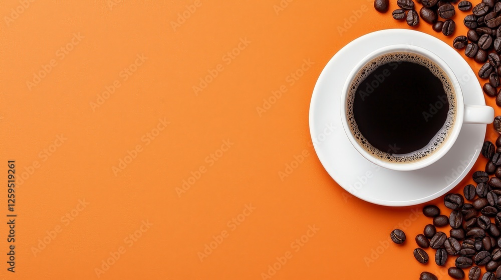 Fresh Brewed Coffee in White Cup on Vibrant Orange Background Fresh Brewed Coffee in White Cup on Vibrant Orange Background