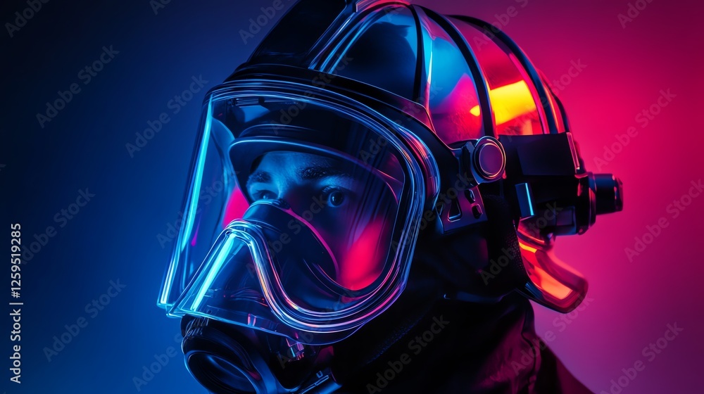 A firefighter in a high-tech helmet with colorful lighting against a dark background. A firefighter in a high-tech helmet with colorful lighting against a dark background.