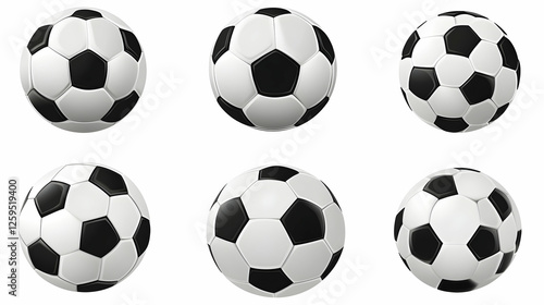 Six soccer balls, various angles, white background, sports graphics