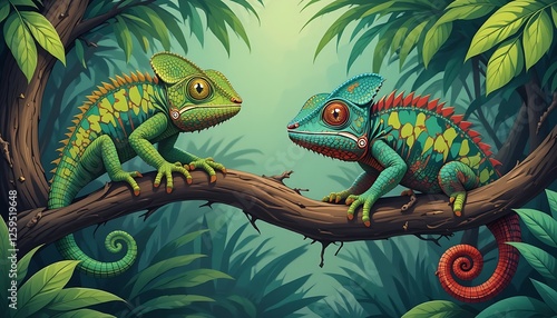 Two Vibrant Chameleons Perched on a Branch in a Lush Tropical Rainforest