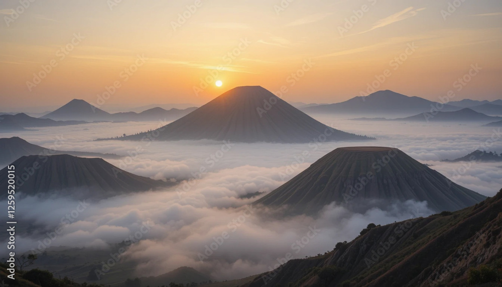 Obraz premium A serene sunrise over the iconic Mount Bromo in Indonesia, with layers of mist and soft golden light. 