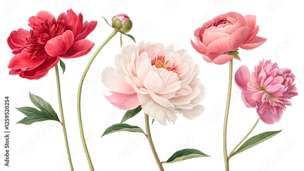 Blush Peonies Collection: An elegant arrangement of four blush and crimson peonies in full bloom, showcasing their delicate petals and lush green foliage. Blush Peonies Collection: An elegant arrangement of four blush and crimson peonies in full bloom, showcasing their delicate petals and lush green foliage.