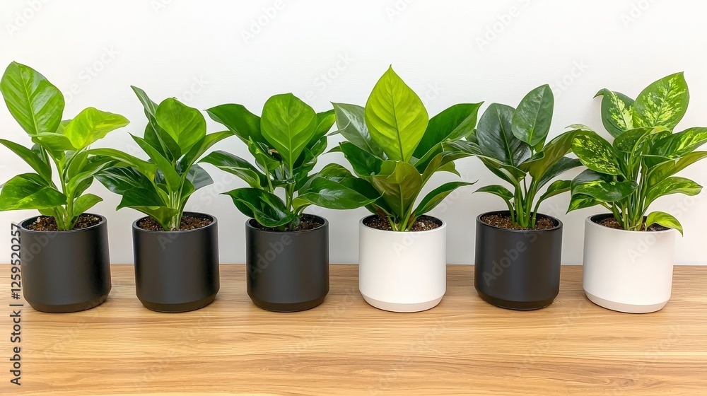 Fototapeta premium Modern Indoor Plant Collection on Wooden Surface with Neutral Background