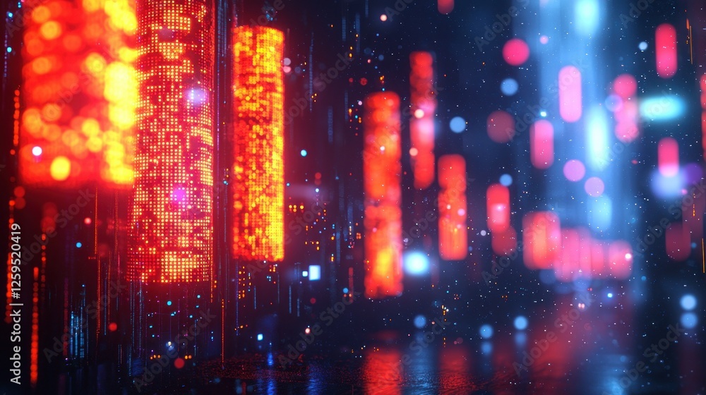 Fototapeta premium Abstract digital city glowing at night, data streams, futuristic background