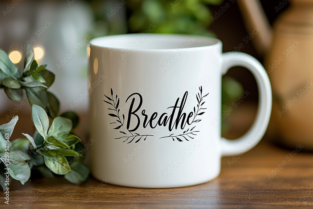 A white mug with a single word elegant calligraphy text A white mug with a single word elegant calligraphy text