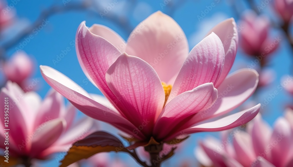 Fototapeta premium Close-up view of a beautiful pink magnolia flower in full bloom against a bright blue sky, showcasing intricate details of petals and vibrant color.