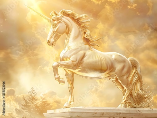 Gold Statue Golden Shining Unicorm Horse Figure Monumental historical sculpture creature 
