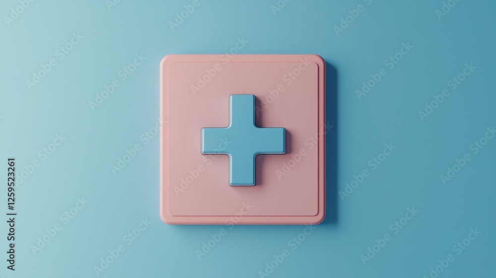 Obraz premium A minimalist design featuring a pink square with a blue medical cross symbol against a soft blue background.