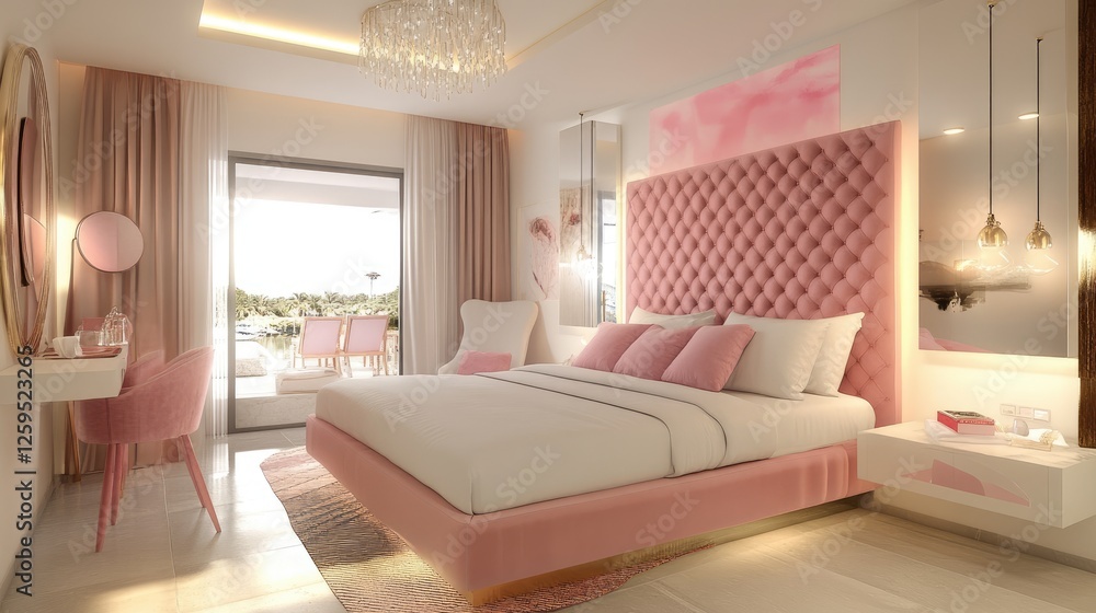 Fototapeta premium A high-end hotel suite with a pink and white theme, elegant furniture, and luxury finishes.