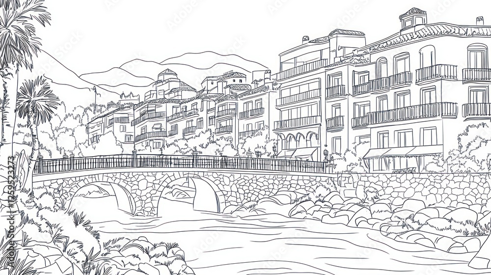 Riverfront village, stone bridge, Mediterranean architecture, mountain backdrop, travel brochure Riverfront village, stone bridge, Mediterranean architecture, mountain backdrop, travel brochure