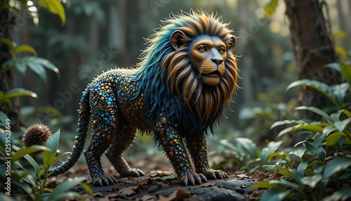 Spectacular Digital Painting of a Majestic Fantasy Lion with Gem-Encrusted Fur in a Lush Forest